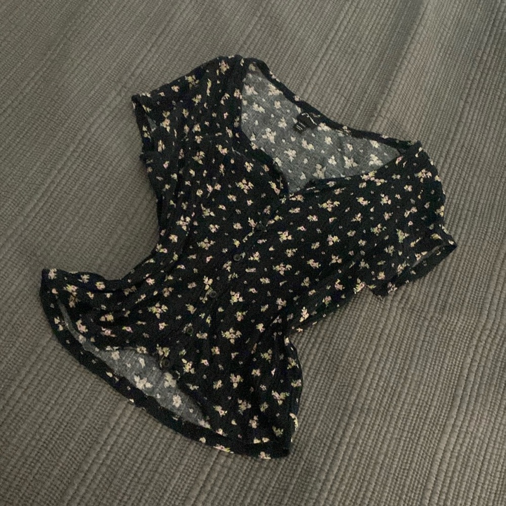 Girls Black Floral Button Up